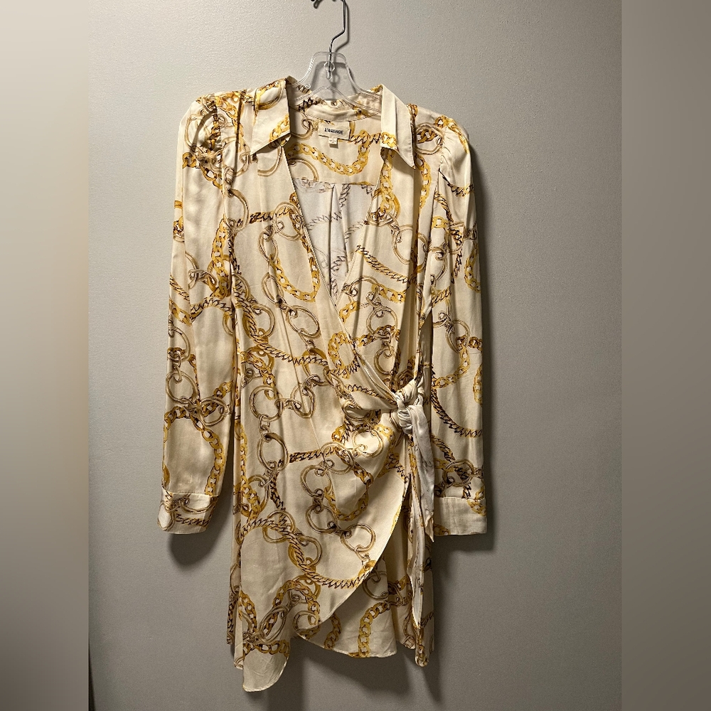 L'AGENCE Cream and Gold Chain Print Long Sleeve Dress
